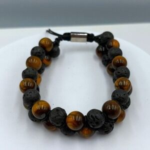 Vintage Natural Tiger's Eye & Lava Rock Bracelet Double Strand Cord Stone Boho